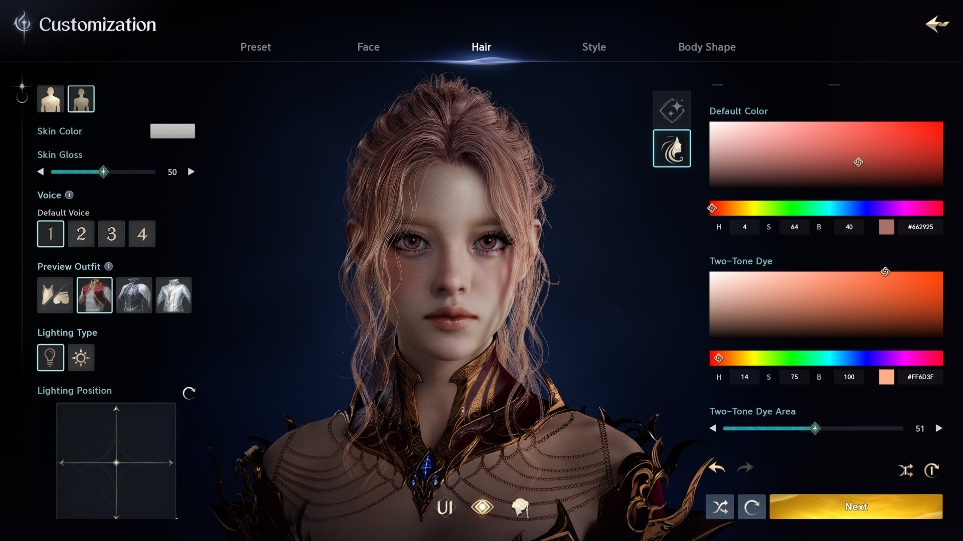 Aion 2's character creator with detailed appearance options