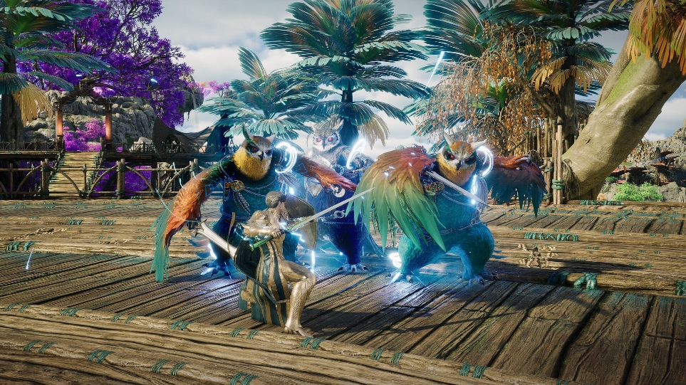 A lone fighter taking on three feathered beasts on a wooden deck in Aion 2