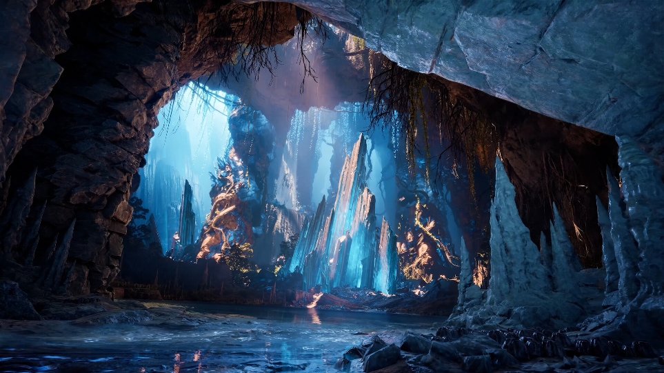 A crystal cavern lit in blue in Aion 2