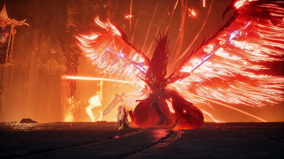 A player facing a huge fiery winged boss in Aion 2
