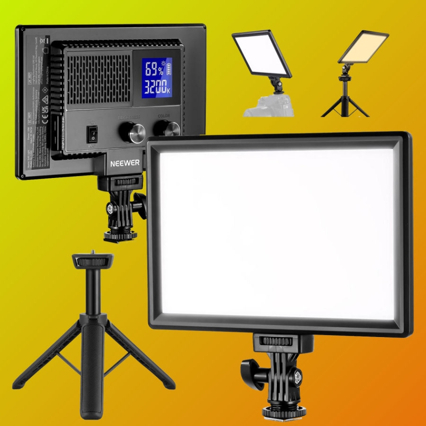 The NEEWER NL-116AI nine-inch LED panel on its desk stand, front on, showing the diffused lighting surface.