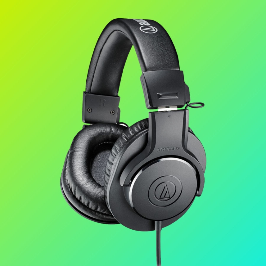 The Audio-Technica ATH-M20X monitoring headphones, showing the sealed closed-back earcups that stop sound leaking into the microphone.