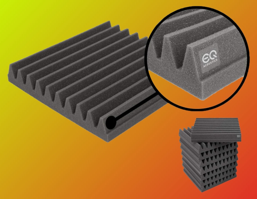 EQ Acoustics wedge foam tiles photographed at an angle so the depth of the foam and the wedge profile are visible.