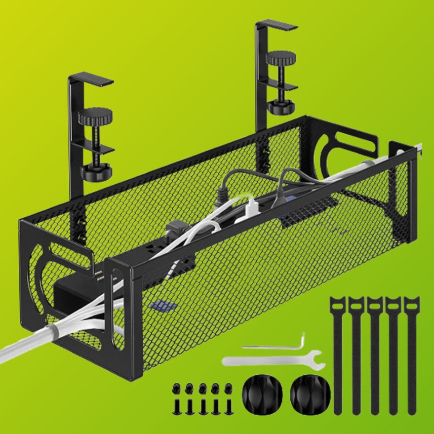 An under-desk cable tray fitted beneath a desk with power and USB cables gathered inside it, out of view of the camera.