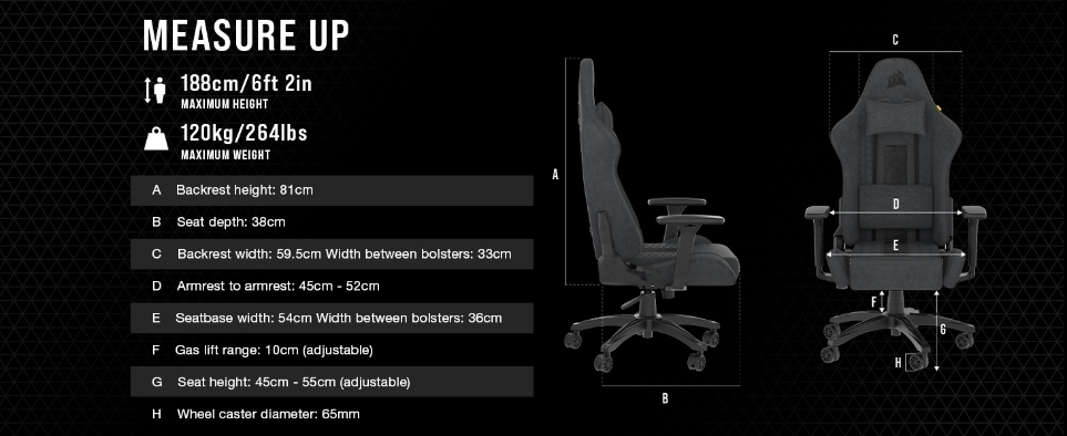 Corsair TC100 Relaxed dimensions diagram, showing the 188cm height and 120kg weight limits, a 54cm seat base with 36cm between the bolsters, and a 45-55cm seat height
