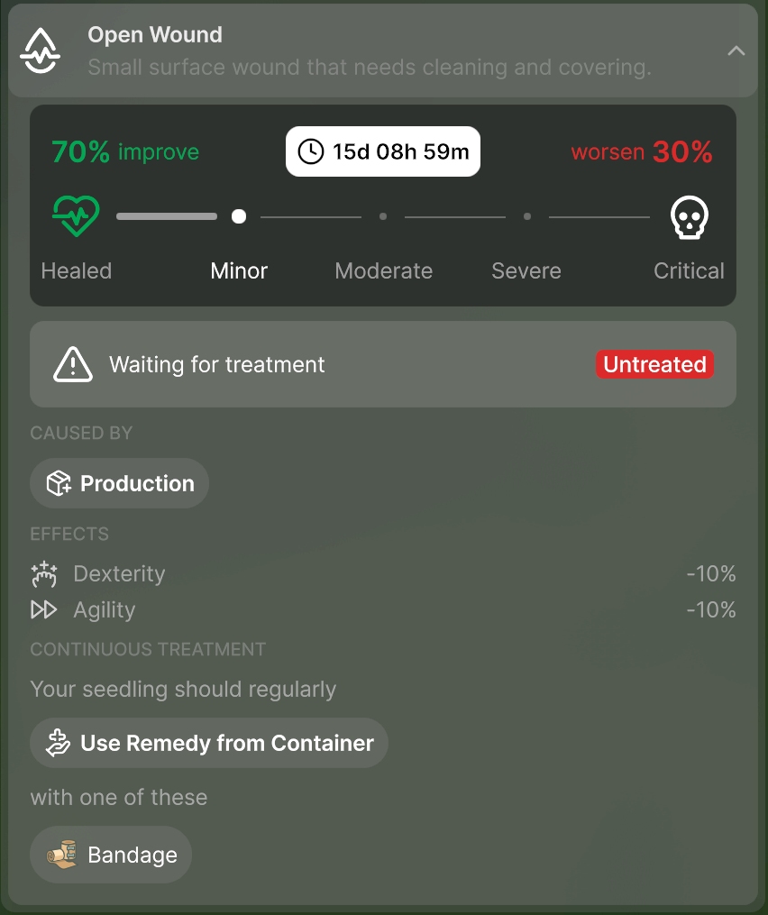 A Seedling's condition panel showing an untreated open wound, its severity scale and its named remedy