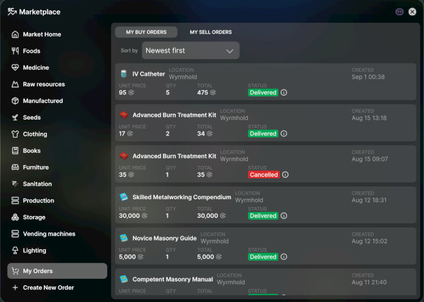 SEED Game Market orders