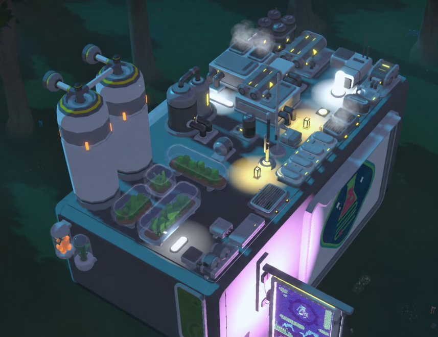 A SEED rooftop loaded with new attachments - tanks, vents, a generator, planters and lights - with the game's own