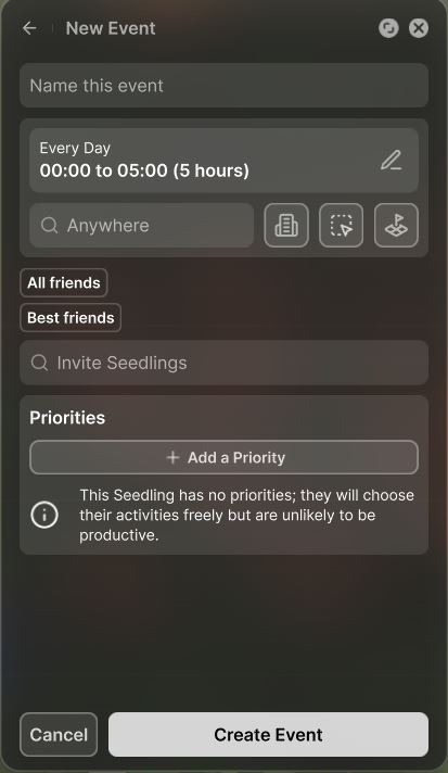 SEED's New Event panel, with a Schedule Zone button among its location options