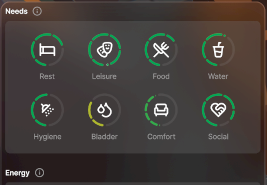A Seedling's needs panel, showing the eight need rings and the energy bar