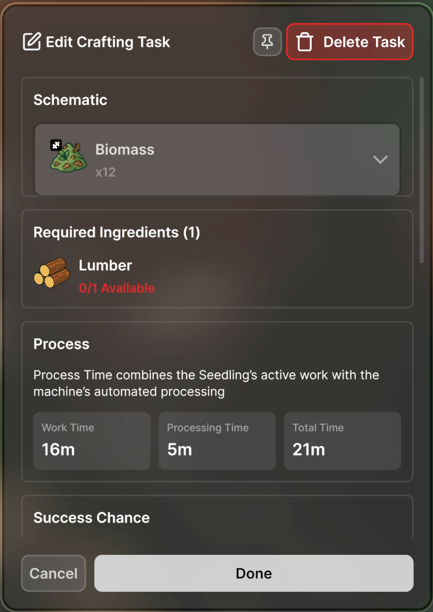 A SEED crafting task card showing Work Time, Processing Time and Total Time as three separate figures