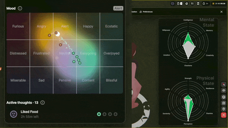 The mood grid and active thoughts list on a Seedling's panel in SEED