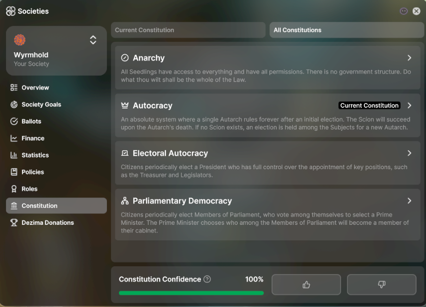 A SEED society governance screen showing constitution, officials and departments